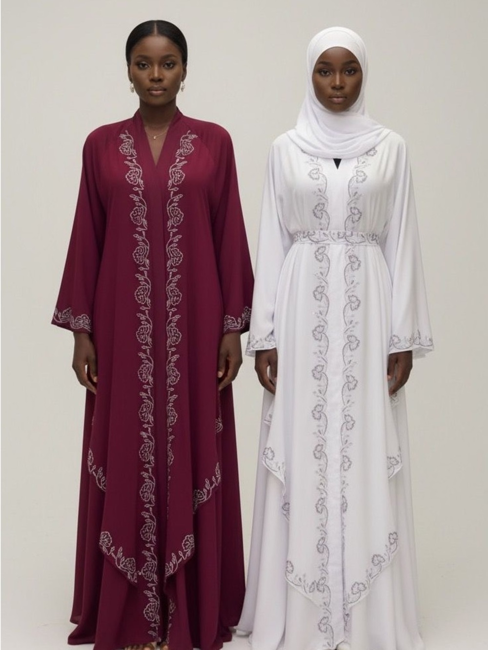 Embroidered Maxi Abaya Dress in Burgundy and White